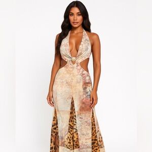 Murci Mesh Halter Cutout Maxi Dress Gold Shell Ring Leopard Panels US 8 / L
